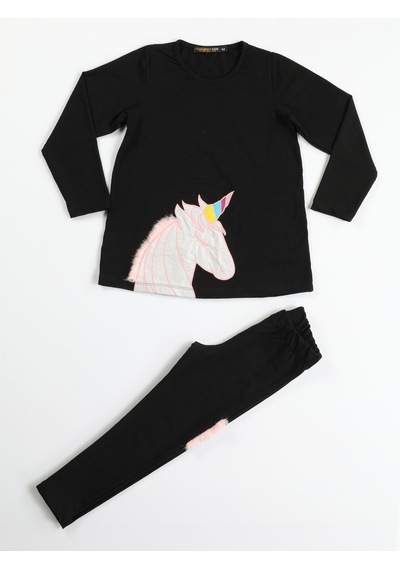Casabony Unicorn 3 Boyutlu Siyah Kız Tunik + Tayt Takım-siyah Siyah