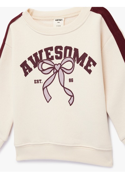 Koton Pamuklu Bisiklet Yaka Uzun Kollu Şardonlu Baskılı Sweatshirt Bej 6wmg10224ak Ekru