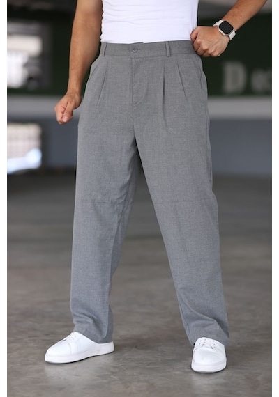 Bürke Çift Pileli Okul Grisi Beli Lastikli Rahat Kesim Klasik Bol Paça Baggy Pantolon