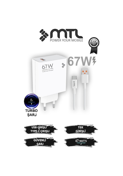 67w Turbo Şarj Saniyeli Usb Adaptör + Usb Type-c Kablo Hızlı Şarj Seti Mt1763