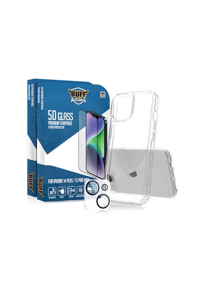 Buff Apple iPhone Uyumlu  14 Plus - 2x5d Ekran Koruyucu + Şeffaf Kılıf + Lens Koruyucu Glass