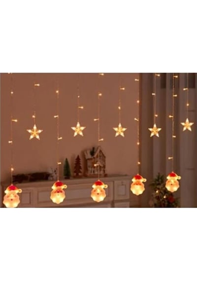 5 Yıldız 5 Noel Baba Figürlü Sarkıt Led Işık 3 Metre Sarkıt Led Işık Sarı