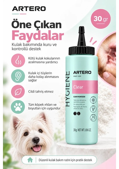 Artero Clear Köpek Kulak Pudrası Kulak İçi Tüy Alma Ve Kavrama Kolaylaştırıcı 30 Gr