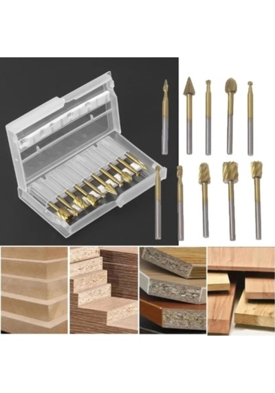 Senbang Dremel Ve Gravür Uyumlu Ahşap Oyma Şekillendirme Uç Seti Titanyum Kaplama 10 Adet