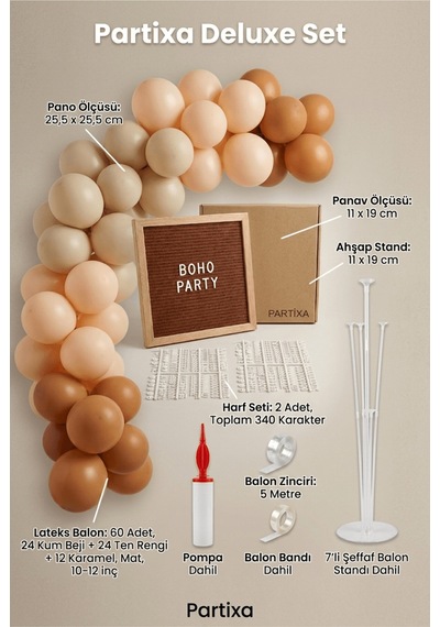 Boho Toprak Tonları Süsleme Deluxe Set Kahve Keçe Yazı Panosu Standlı Pompa Balon Zincirli 7 Li Şeffaf Balon Standlı 1 - 12 Yaş