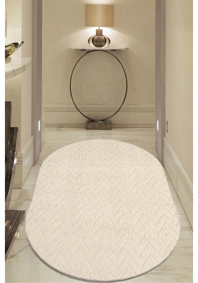 Raschel Carpet Moopy Oval Krem Bukleli Yumuşak Zikzak Dokuma Yolluk Halı Salon Halısı Lp6497 Krem Krem