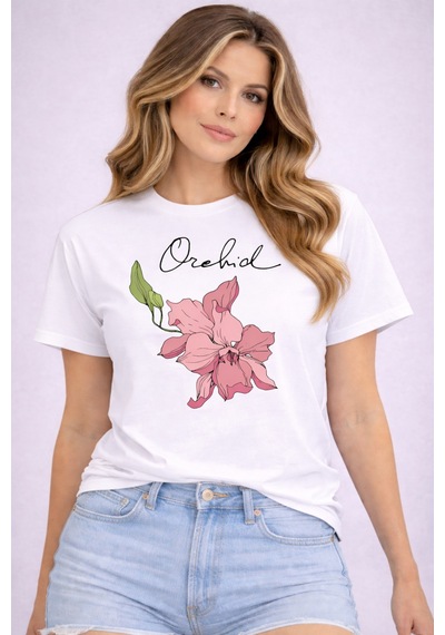 Herkesemoda Orehid Baskı Detaylı Basic T-shirt Beyaz