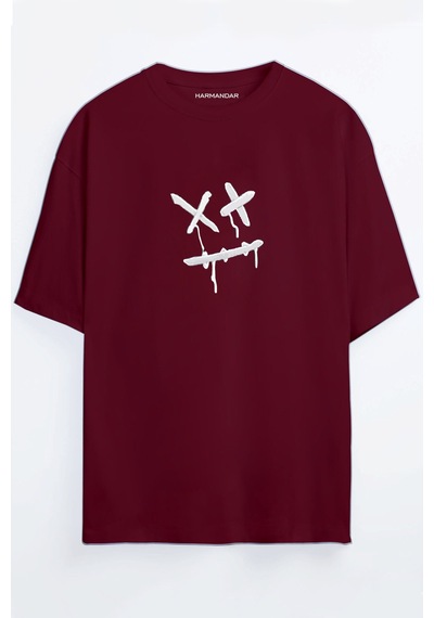 Artı Çarpı Surat Baskılı Unisex Bordo - Mavi Oversize T-shirt Bordo