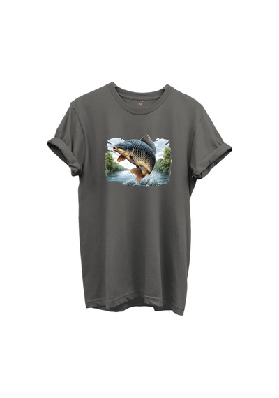 Sıçrayan Sazan Balığı Desenli %100 Pamuk Regular Fit Unisex T-shirt Gri