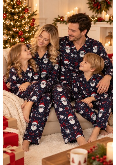 Free Beka Yılbaşı Desenli Kırmızı Uzun Kollu Önden Düğmeli Gömlek Yaka Aile Pijama Takımı Kombini Lacivert