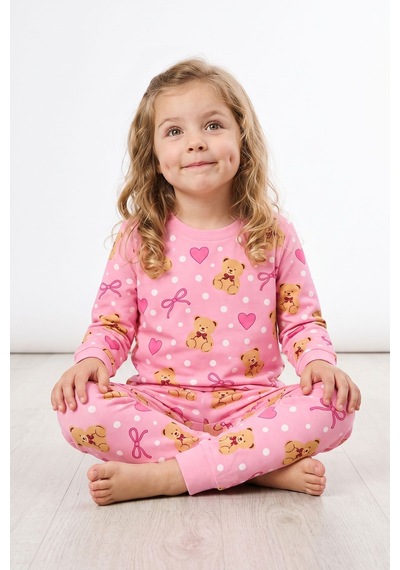 Zuzunga Kız Çocuk Sevimli Ayıcık, Kalp Ve Fiyonk Desenli Pembe Uzun Kollu Pijama Takımı Zuzunga Kız Çocuk Sevimli Ayıcık, Kalp Ve Fiyonk Desenli Pembe Uzun Kollu Pijama Takımı