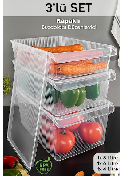 3'lü Kapaklı Buzdolabı Düzenleyici Set - Meyve Sebze Saklama Kabı Dolap İçi Organizer 1x 4-6-8 Lt Şeffaf