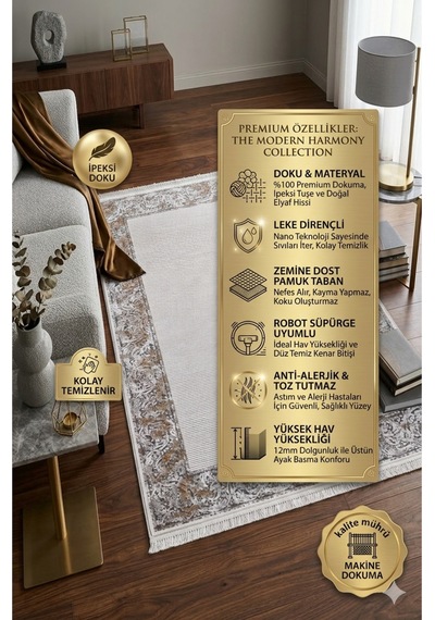 Prestige Exclusive: Sanat Eseri Dokusunda Vizon Pudra Madalyon Salon Halısı Çok Renkli