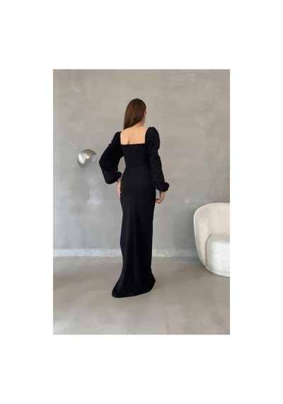 DefyModa Kadın Zarif Stil Krep Kumaş Kalp Yaka Yırtmaçlı Maxi Abiye Elbise Siyah