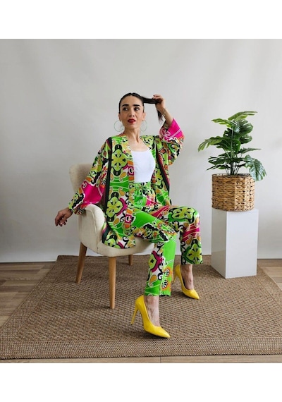 İpli Yeşil Renk Etnik Desenli Viskon Kumaş Kimono Takım Yeşil
