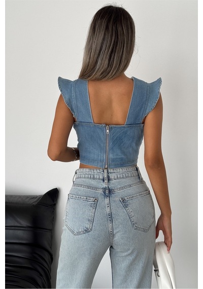 Femelle Kadın Mavi Sırtı Fermuarlı Crop Kot Bluz