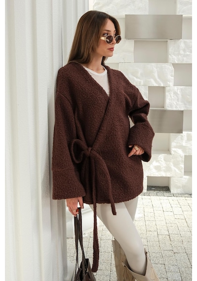 Olcay Önü Bağlamalı Buklet Kimono Ceket Kahve 8265