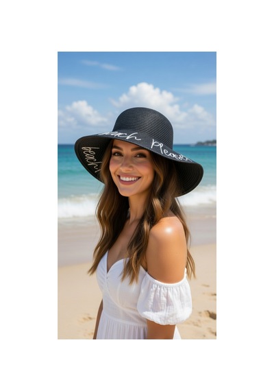 Mollycrush Kadın Siyah Beach Please Hasır Şapka Yazlık Şık Model Siyah