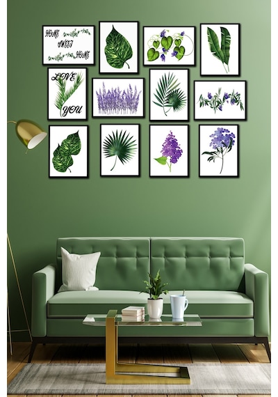 No77decor 12 Parça Yeşil Yaprak Tarzında Tablo Seti