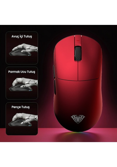 Aula V9 Ultra 42000 Dpı Paw3950 Sensör 8000hz Tri-mode Kablosuz Oyuncu Mouse Rgb Omron Switch Lightweight E-spor Gaming Mouse Kırmızı