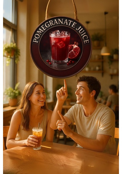 Pomegranate Juice Temalı Kapı Süsü Tablosu, Nar Suyu Konseptli Dekoratif Cafe Büfe Duvar Aksesuarı