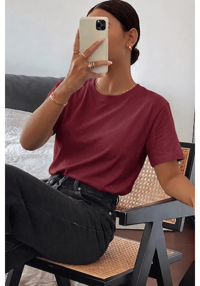 Genıus Store Kadın Tişört Gri Bisiklet Yaka Basic Tişört %100 Pamuk Rahat Kalıp T-shirt Basıc-kadın Bordo