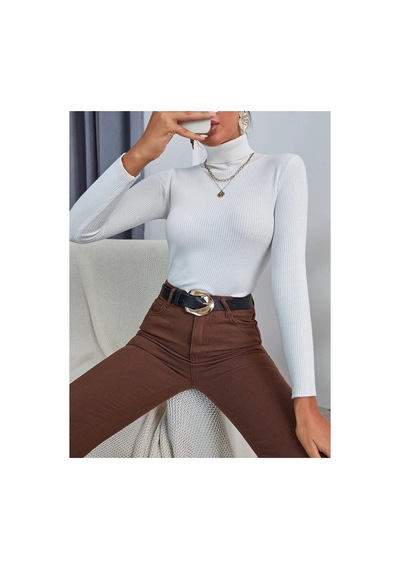 Hanclo Kadın Fitilli Balıkçı Yaka Slim Fit Triko Kazak Beyaz