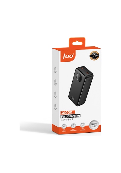Juo MT03278 30000 mAh 22.5 W Dijital Led Ekranlı Taşınabilir Hızlı Şarj Powerbank Siyah