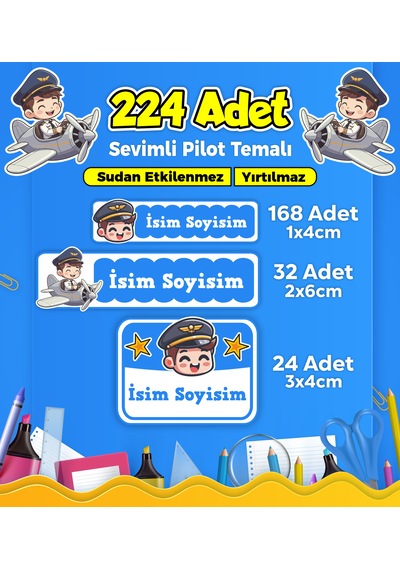 Sevimli Pilot Temalı Okul Kreş Kişiye Özel İsim Etiket Seti - Model 324 Çok Renkli