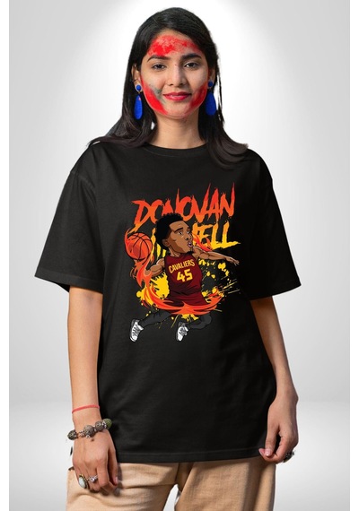 Donovan Mitchell Basketbol Karikatür Pamuklu Bisiklet Yaka Unisex Oversize Boyfriend Dijital Baskılı Siyah T-shirt Siyah