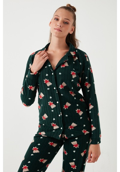 Lela Standart Fit Düğmeli Polarlı Bayan Pijama Takımı 6095615 Yeşil