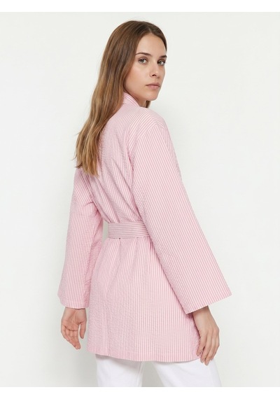 Saade Sââde Kadın Dikey Çizgili Geniş Kollu Şık Yazlık Relaxed Kimono Pembe