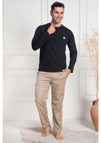 Mecit Pijama Mecit 3053 Siyah Ekoseli Erkek Büyük Beden Pijama Takımı Siyah