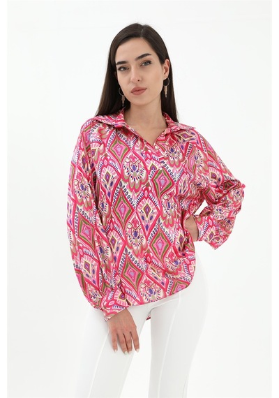 Wpr Reglan Kol Baskılı Saten Gömlek - Pembe-pembe Pembe