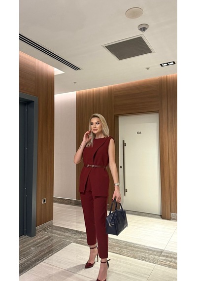 Modadua Bordo Kemerli Yelek & Pantolon Takım Ofis Ve Davet Şıklığı