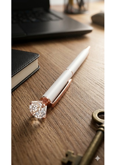Rose Gold Detaylı Kristal Taşlı Beyaz Tükenmez Kalem Mavi