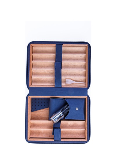 Cohiba Xl Lacivert Dahili Çakmak Deri Puro Taşıma Çantası & Seyahat Humidoru