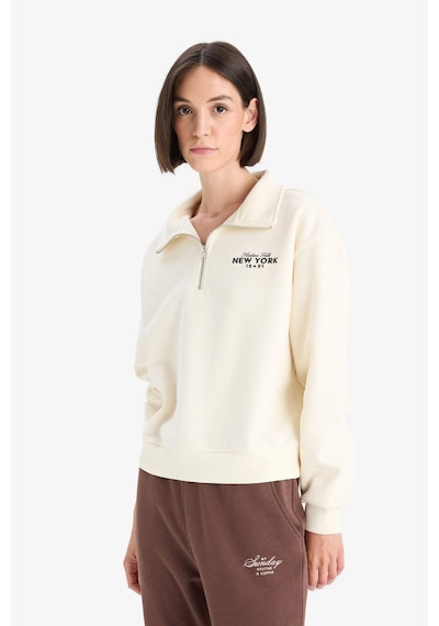 Defacto Regular Fit Yarım Fermuarlı Baskılı Kalın Sweatshirt F1066AX25AU Bej