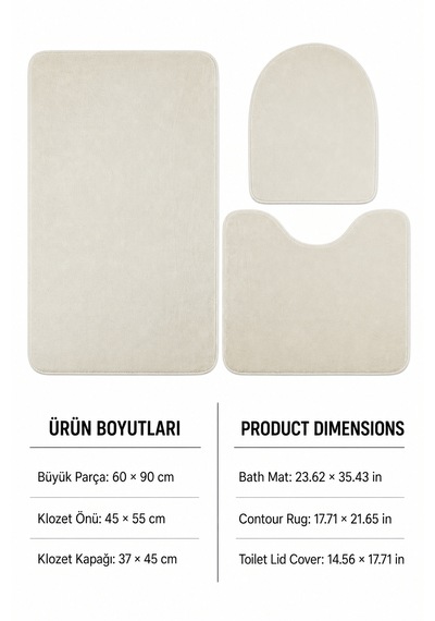3 Lü Banyo Paspası Halısı Seti Kaymaz Tabanlı Yıkanabilir Klozet Takımı Krem
