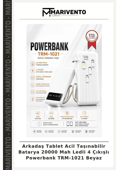 Arkadaş Tablet Acil Taşınabilir Batarya 20000 Mah Ledli 4 Çıkışlı Powerbank Trm-1021 Beyaz Çok Renkli