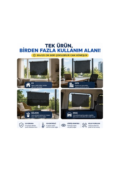 50x125 Cm Geri Çekilebilen Araç İçi Ön Cam Güneşlik, Ev Tipi Cam Güneşlik Uv Engelleyici Siyah