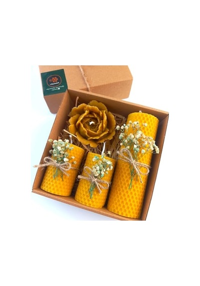 Dekoratif Balmumu Mum Hediye Kutusu, 4 Lü Set, Yeşil Krem Süslemeli 000 Açık Krem
