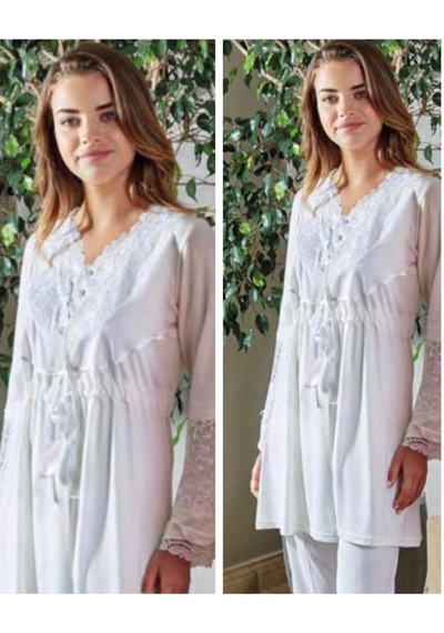 Bone Club 4630 Ecru Hamile Lohusa 3lü Pijama Sabahlık Takım