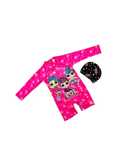 Lolliboomkids Sevimli Karakterler Lol Güneş Koruyucu Uzun Kol Hipster Model Fermuarlı Mayo Bone Hediyeli Pembe