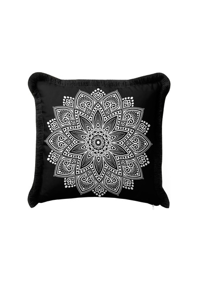 Mandala Motifli Saçaklı Yastık Kılıfı - Etnik Siyah Beyaz Bohem Püsküllü Kırlent Kılıfı Orman Limon Sarısı