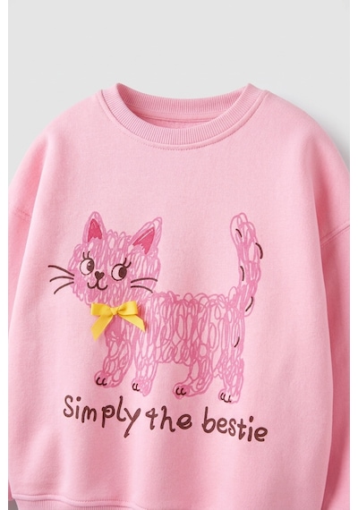 Magu Kız Çocuk Kedi Baskılı Pembe Sweatshirt Ve Çizgili Bol Paça Eşofman Takımı