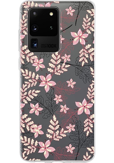 Samsung Galaxy Uyumlu S20 Ultra Kapak Floral Kırmızı Tasarımlı Şeffaf Silikon Kılıf