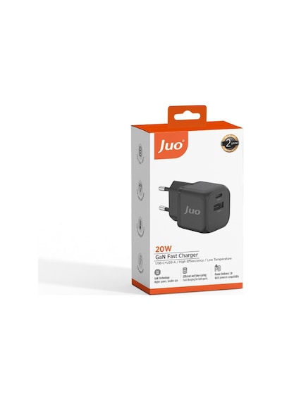 Juo 20W GaN USB-C + USB-A Şarj Aleti iPhone & Apple Uyumlu iPad  & Android PD QC4.0 Type-C Hızlı Şarj Cihazı Siyah