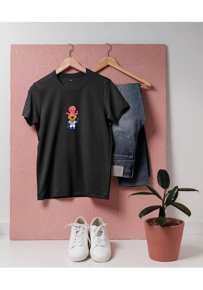 Oversize Ahtapot Şapka Ve Mini Dalgıç Tasarım Unisex T-shirt Siyah