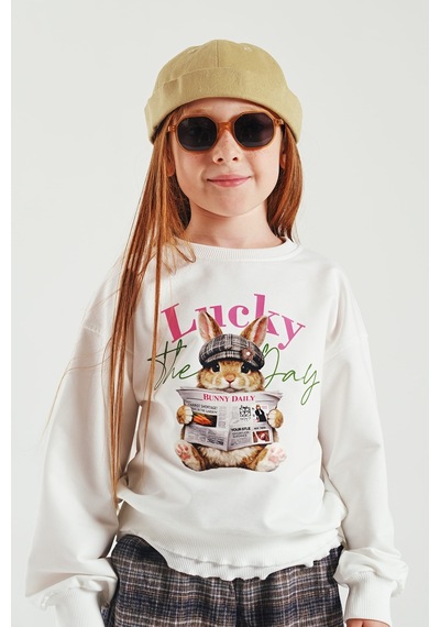 Loco Loco Ekru Tavşan Baskılı Ekose Çocuk Sweatshirt